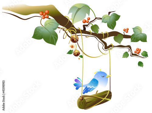 Bird swinging on branch of tree