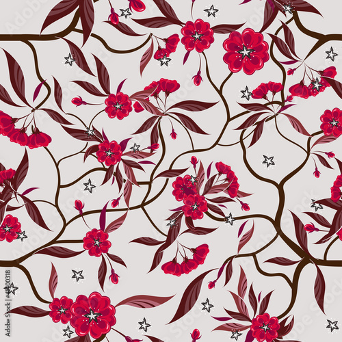Decorative floral seamless pattern with red flowers.