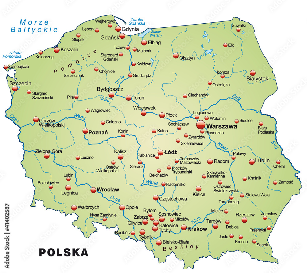 Inselkarte von Polen mit Hauptstädten - obrazy, fototapety, plakaty 
