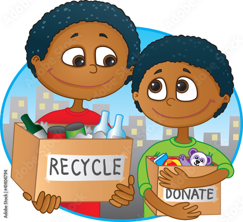 Ethnic Father and son having fun recycling and donating