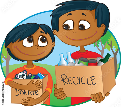 Indian Father and son having fun recycling and donating