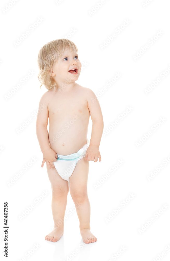 cute baby girl in a diaper looks up isolated on white