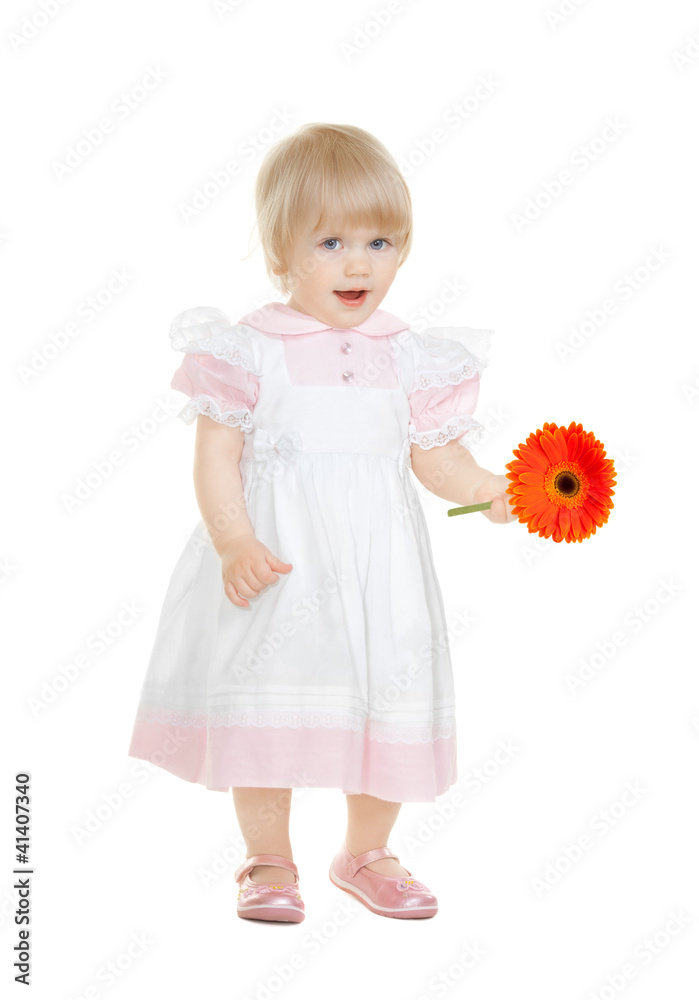 Cute baby with flower gerbera isolated on white Cute baby with flower gerbera isolated on white