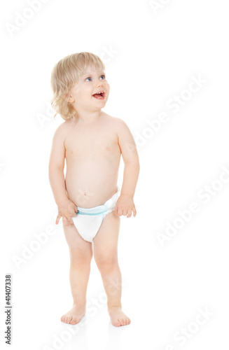 Obraz na płótnie cute baby girl in a diaper looks up isolated on white w salonie