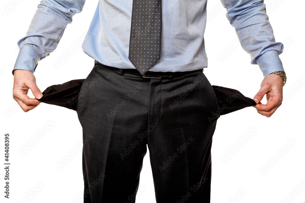 man shows empty pockets concept recession financial crisis isolated white background man shows empty pockets concept recession financial crisis isolated white background