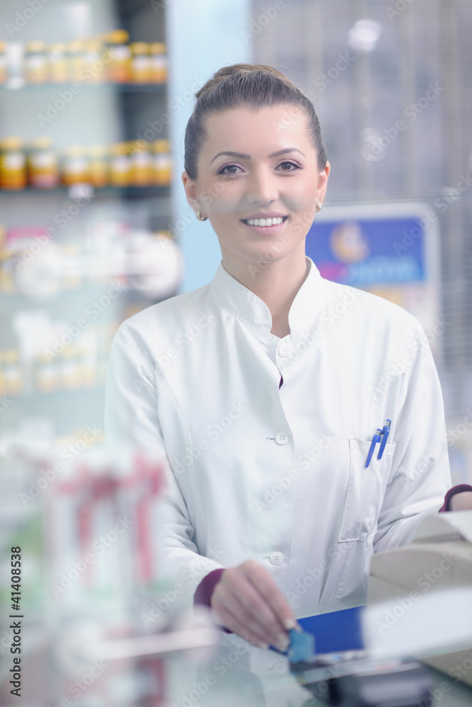 pharmacist chemist woman standing in pharmacy drugstore pharmacist chemist woman standing in pharmacy drugstore