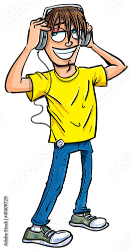 Cartoon teenage boy listening to music