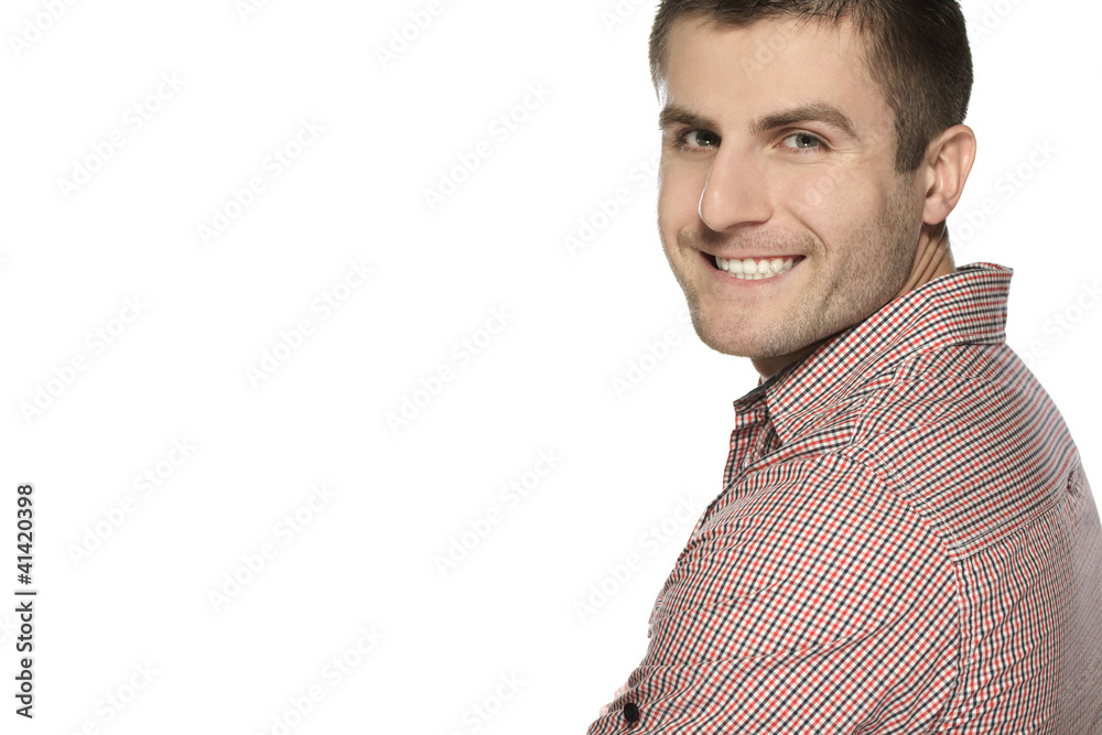 Closeup of smiling man, over white background Closeup of smiling man, over white background