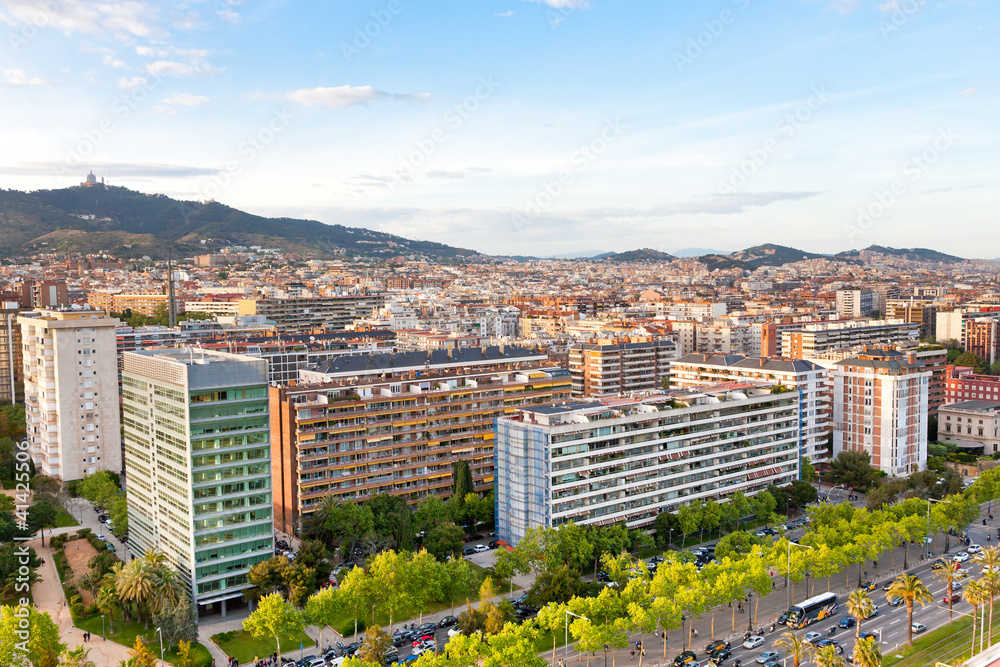 Fototapeta premium view on Barcelona avenue Diagonal and Tibidabo Mountain