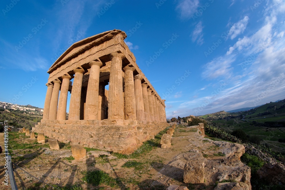 Fisheye view of Concordia temple in Agrigento, Sicily, Italy