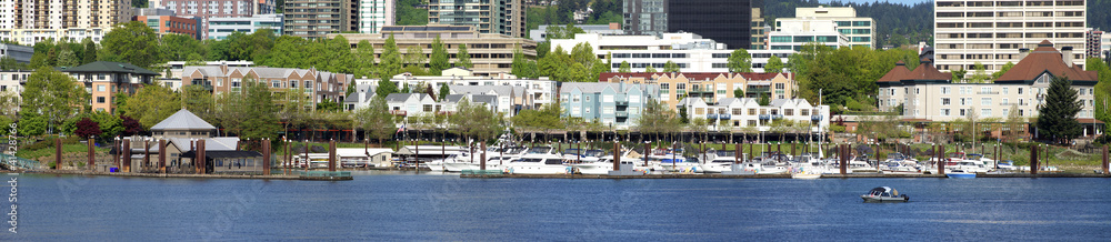 Waterfront condominiums and marina, panorama.