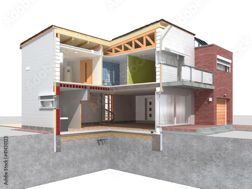Modern house in the section on white background