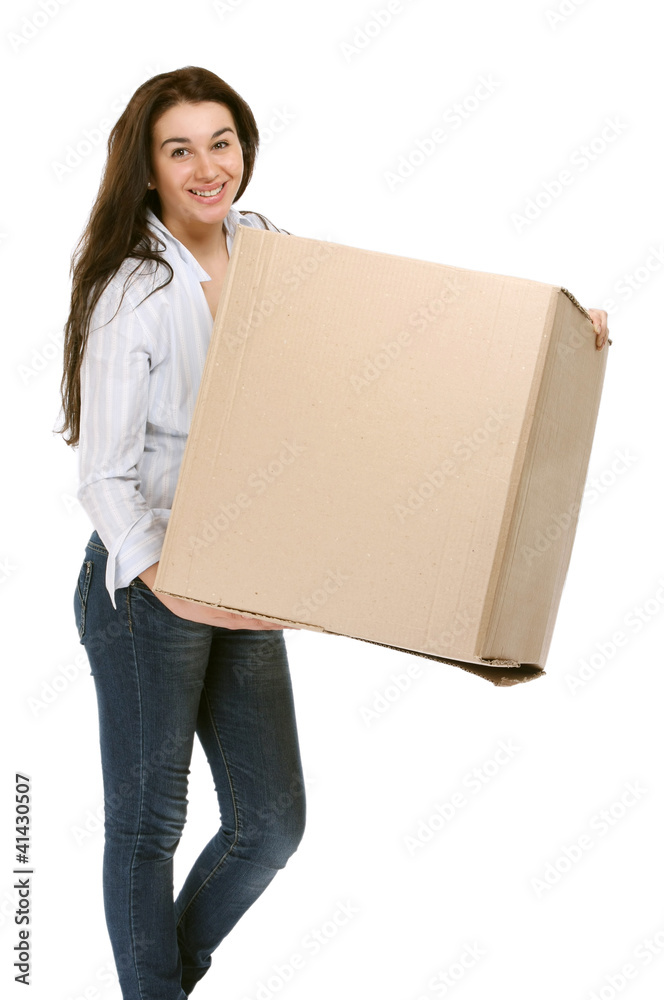 A young woman carrying a box A young woman carrying a box