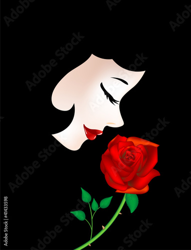 woman profile, black poster with red rose
