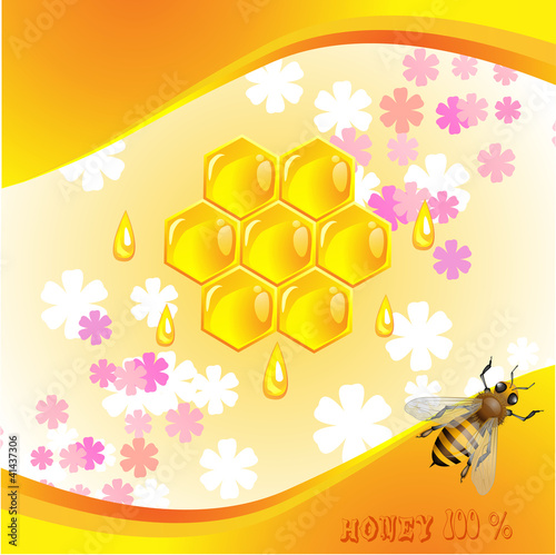 Floral background with honey and bees