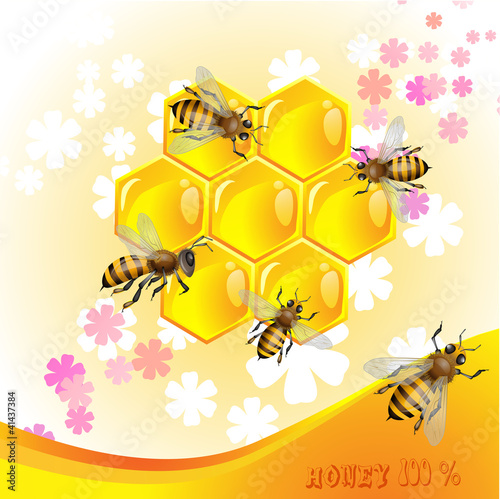 Floral background with honey and bees