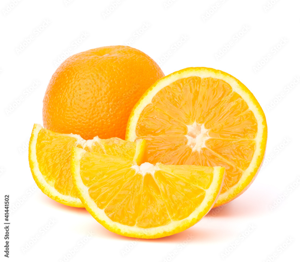 Sliced orange fruit segments isolated on white background Sliced orange fruit segments isolated on white background