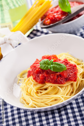 Spaghetti with Tomato Sauce on classical home table