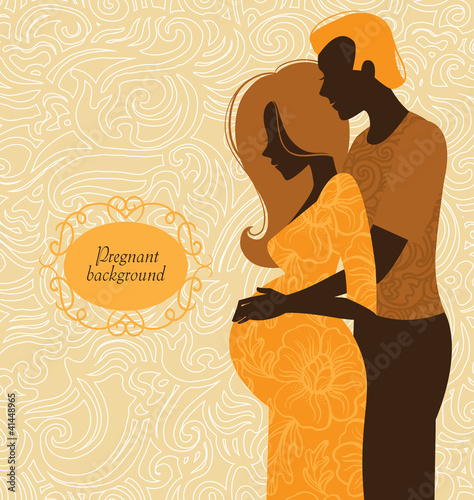 Silhouette of couple. Background of pregnant woman and her husba