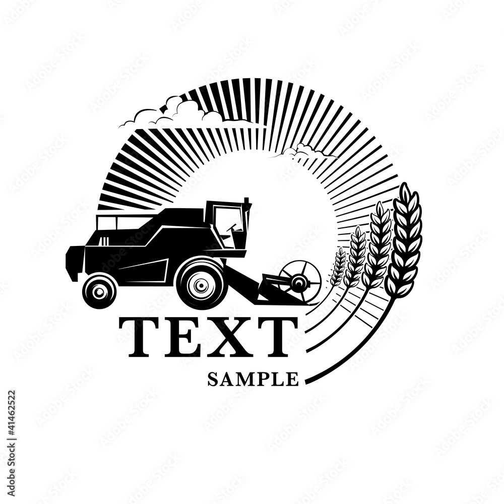 Naklejka premium Combine harvester on a wheat field against sun. Engraving style