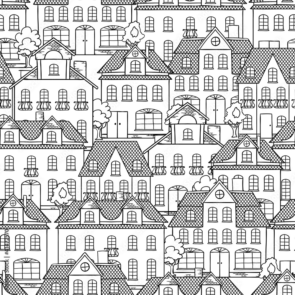 Seamless vector pattern with houses and trees.