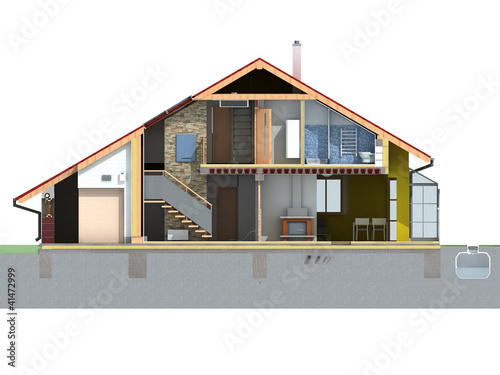 Front view of house in section on white background.