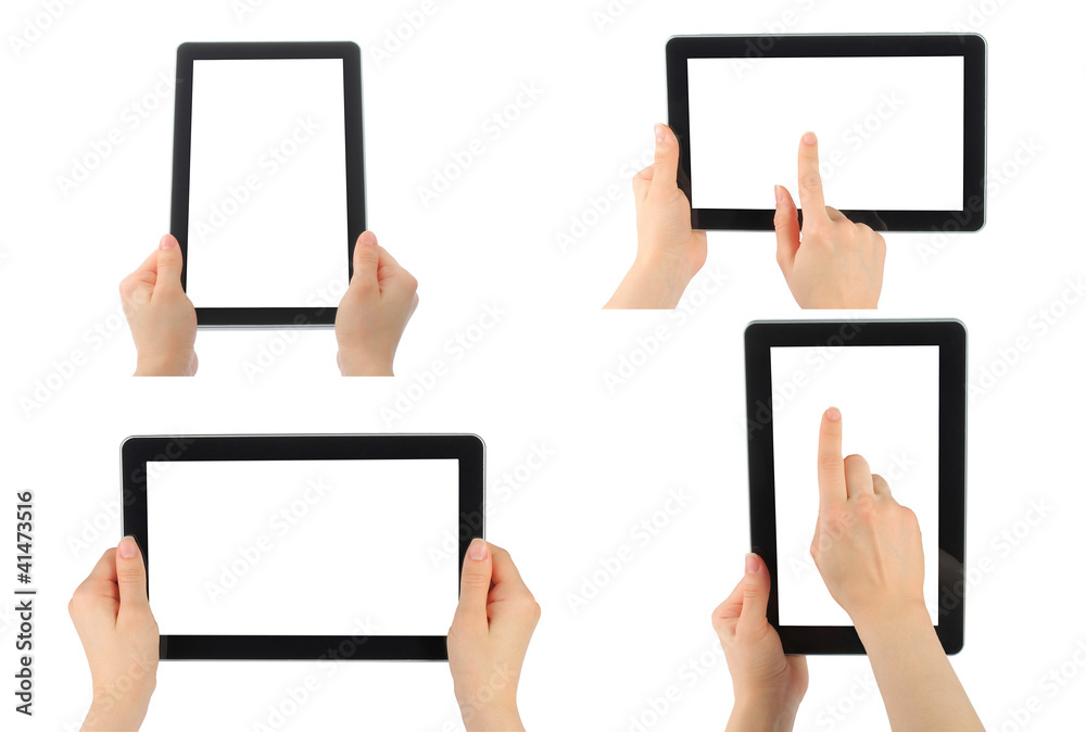 Set of digital tablet PC with hands isolated on white Set of digital tablet PC with hands isolated on white