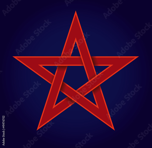 Red pentagram on blue background, also called pentalpha, pentangle or star pentagon. Shape of a five-pointed star, drawn with five straight strokes. Illustration on blue background. Vector.