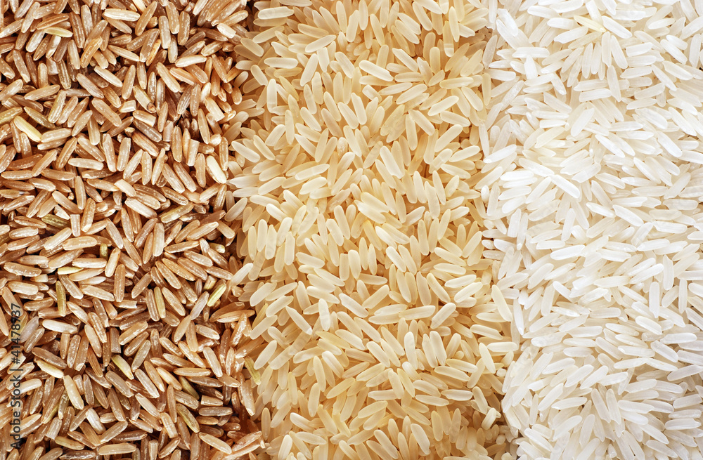 Three rows of rice varieties - brown, wild and white.
