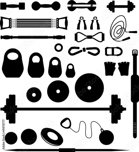 Set of silhouettes of the equipment for weightlifting