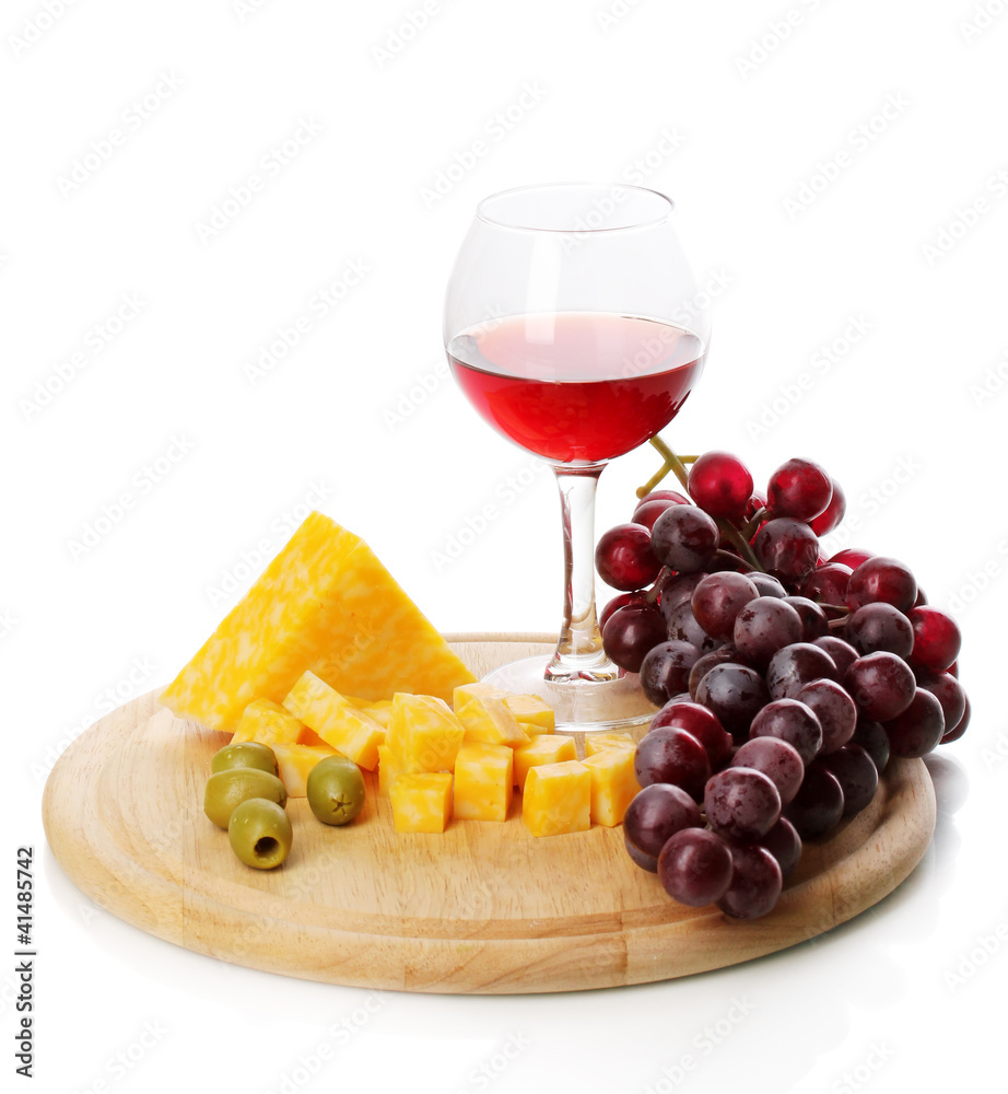 Wine in wineglass and cheese isolated on white