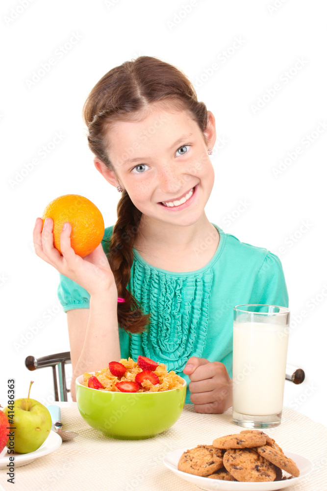 little beautiful girl have a breakfast on white background little beautiful girl have a breakfast on white background