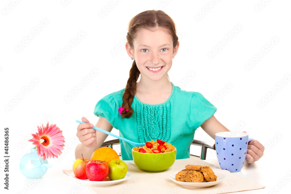 little beautiful girl have a breakfast on white background little beautiful girl have a breakfast on white background