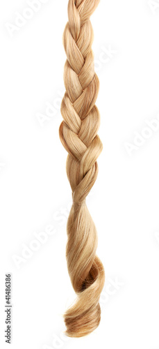 Blond hair braided in pigtail isolated on white photo