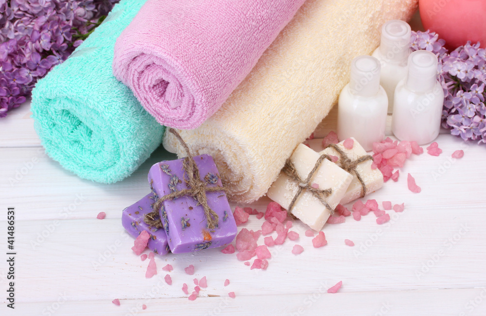 beautiful spa setting on white wooden background beautiful spa setting on white wooden background