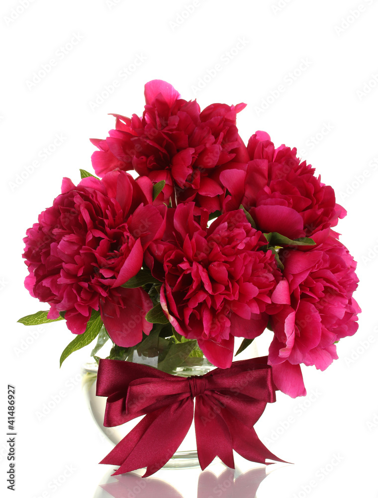 beautiful pink peonies in glass vase with bow isolated on white beautiful pink peonies in glass vase with bow isolated on white