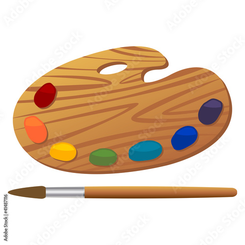 Wooden art palette with paints and brush