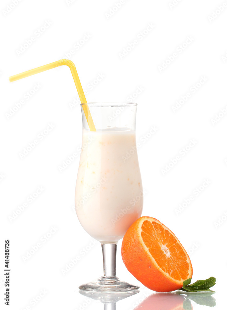 Bunch of bananas and milk cocktail isolated on white