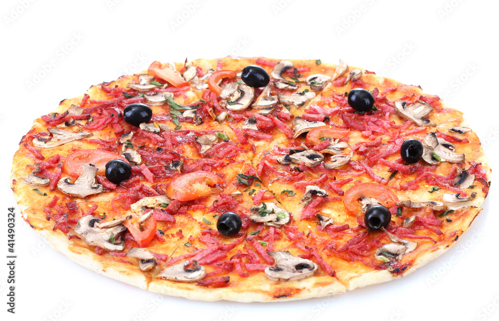 delicious pizza with vegetables and salami isolated on white. delicious pizza with vegetables and salami isolated on white.