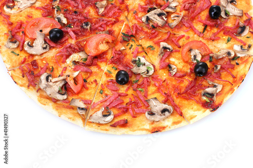 delicious pizza with vegetables and salami isolated on white.