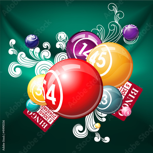 Bingo or lottery balls and cards on green background