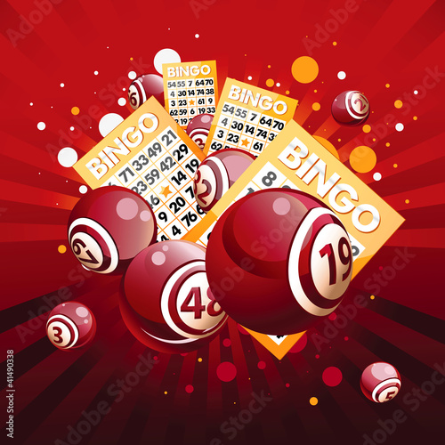Bingo or lottery balls and cards on red background