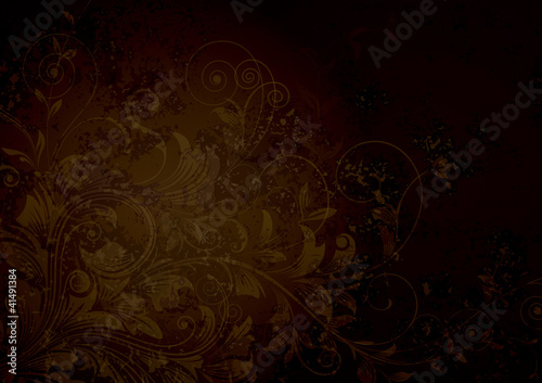Grunge textured floral dark brown background.