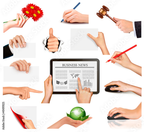 Set of hands holding different business objects.