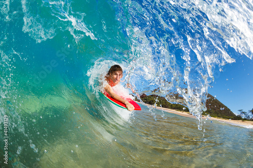Boogie Boarder Surfing Amazing Blue Ocean Wave © EpicStockMedia