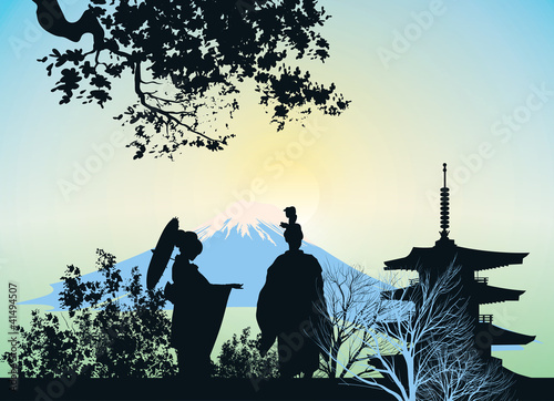 beautiful picture of a geisha, mountains and trees