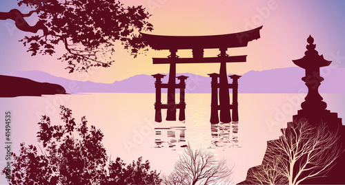 Japanese gates mountains and trees
