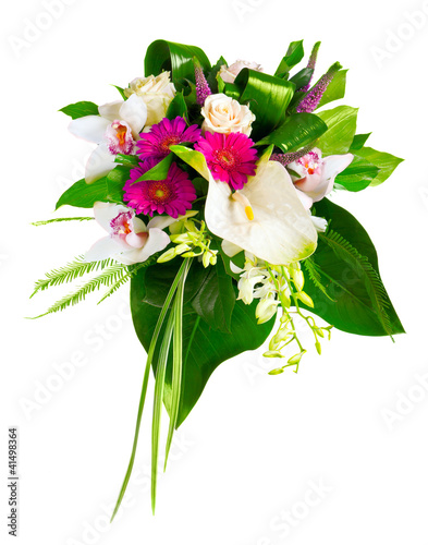 bouquet of roses, gerberas, orchids and anthurium