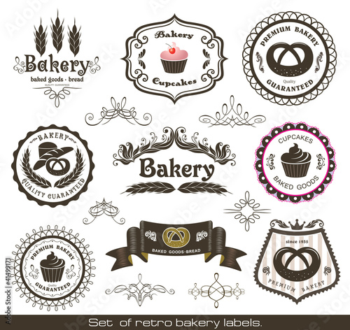 Set of vintage retro bakery labels and decoration elements.