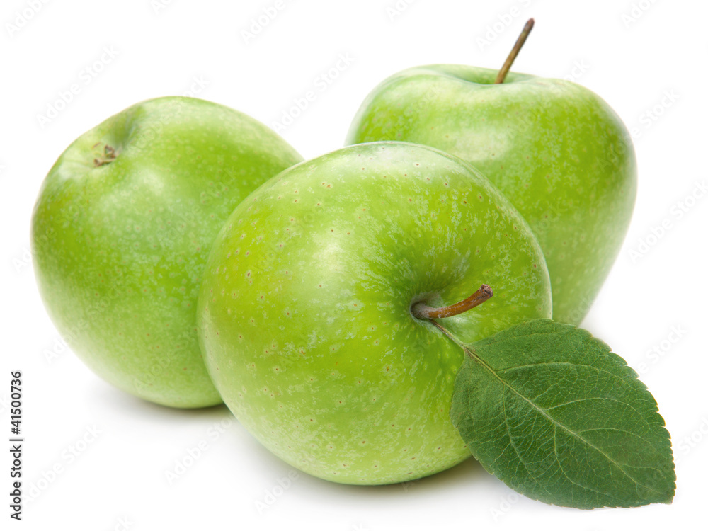 Green apple fruits and green leaves isolated on white background Green apple fruits and green leaves isolated on white background